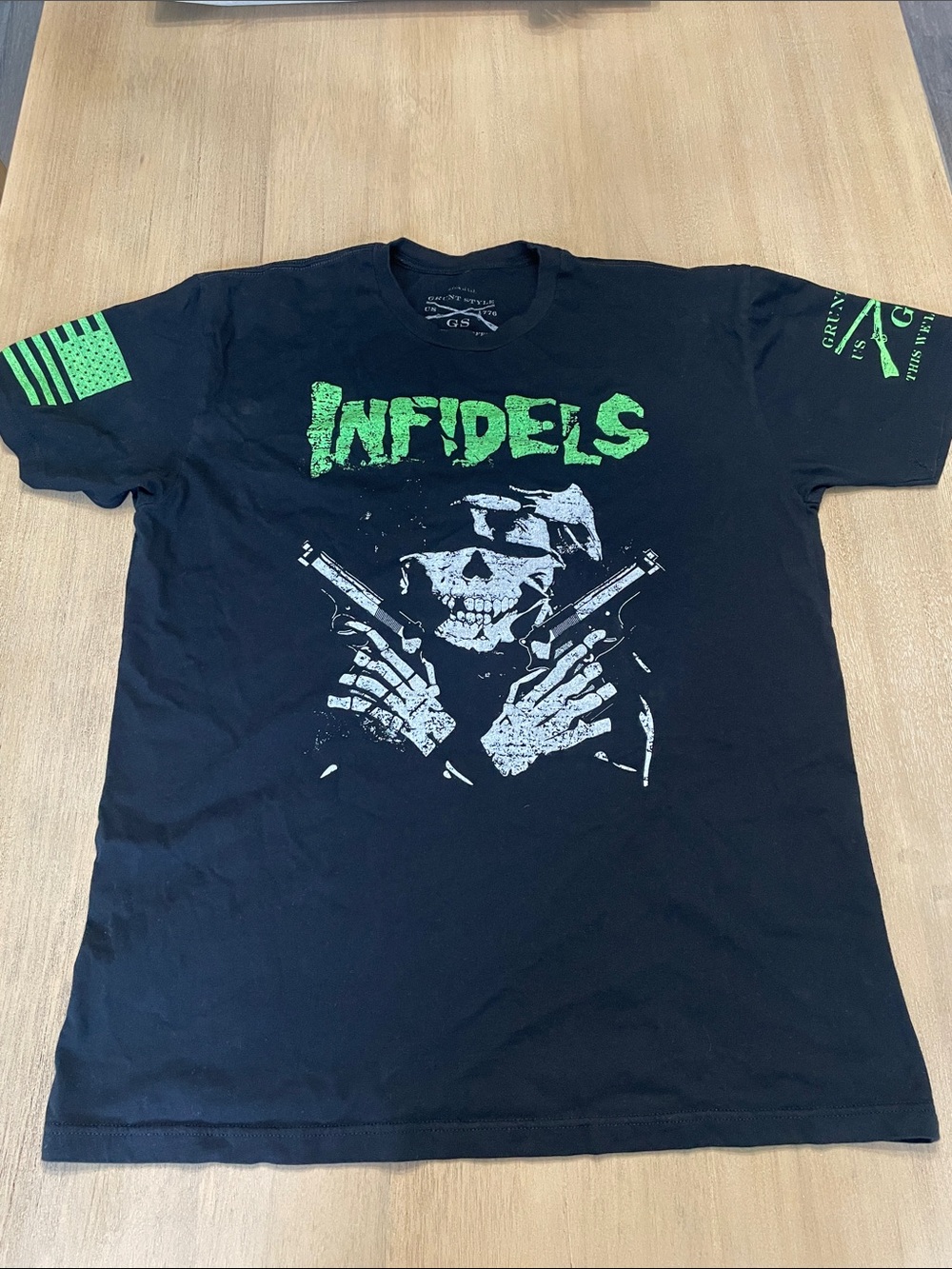 Grunt Style Black Tee with Green INFIDELS Print